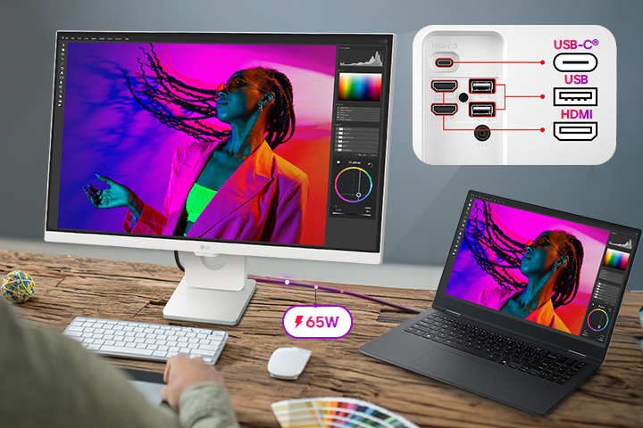 LG Smart Monitor connected to a laptop via USB C with 65W charging, showing photo editing workspace, multiple ports including USB C, USB, and HDMI, highlighting single cable connectivity, device charging, and productivity focused workstation setup