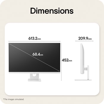 LG Smart Monitor dimensions illustrating overall product size and stand measurements.
