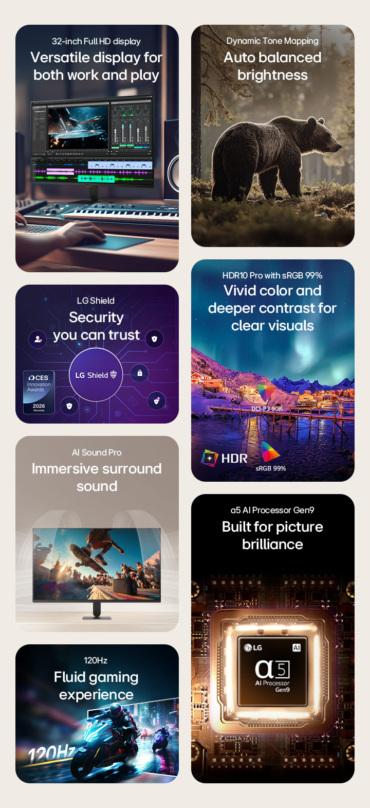 Summary video showcasing LG Smart Monitor features including Full HD display, Dynamic Tone Mapping, HDR10 Pro with sRGB 99%, AI Sound Pro,120Hz refresh rate, α5 AI Processor Gen9, and LG Shield security.
