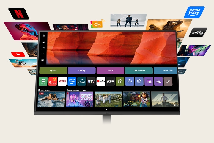 LG Smart Monitor showing the webOS home screen with streaming apps and content tiles, surrounded by floating entertainment visuals like movies, sports, and shows, highlighting all in one smart streaming, content discovery, and home entertainment experience
