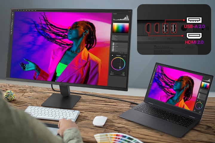 LG Smart Monitor connected to a laptop via USB C with 65W charging, showing photo editing workspace, multiple ports including USB C, USB, and HDMI, highlighting single cable connectivity, device charging, and productivity focused workstation setup