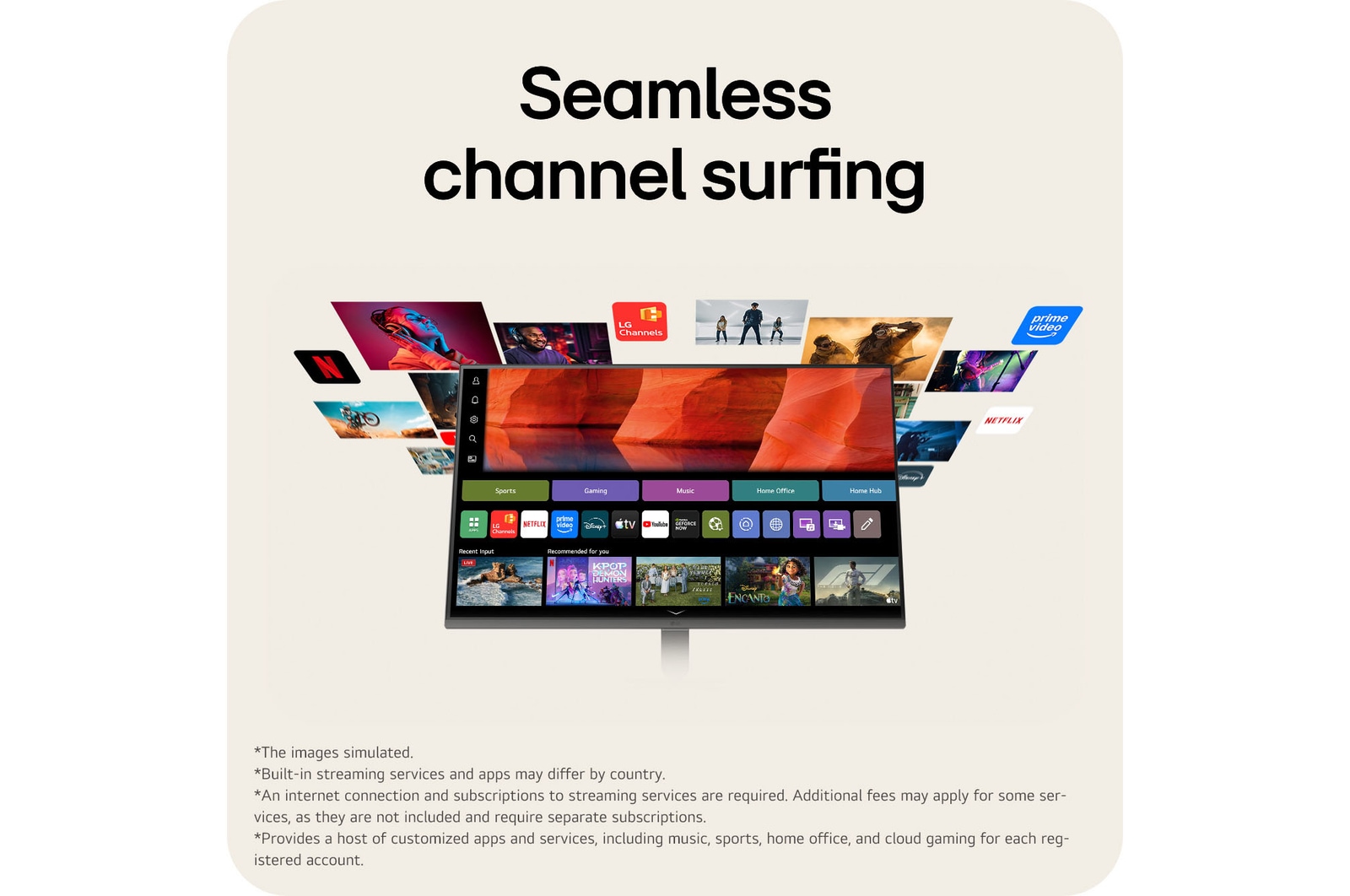 LG Smart Monitor with webOS providing access to built in streaming apps and entertainment content.