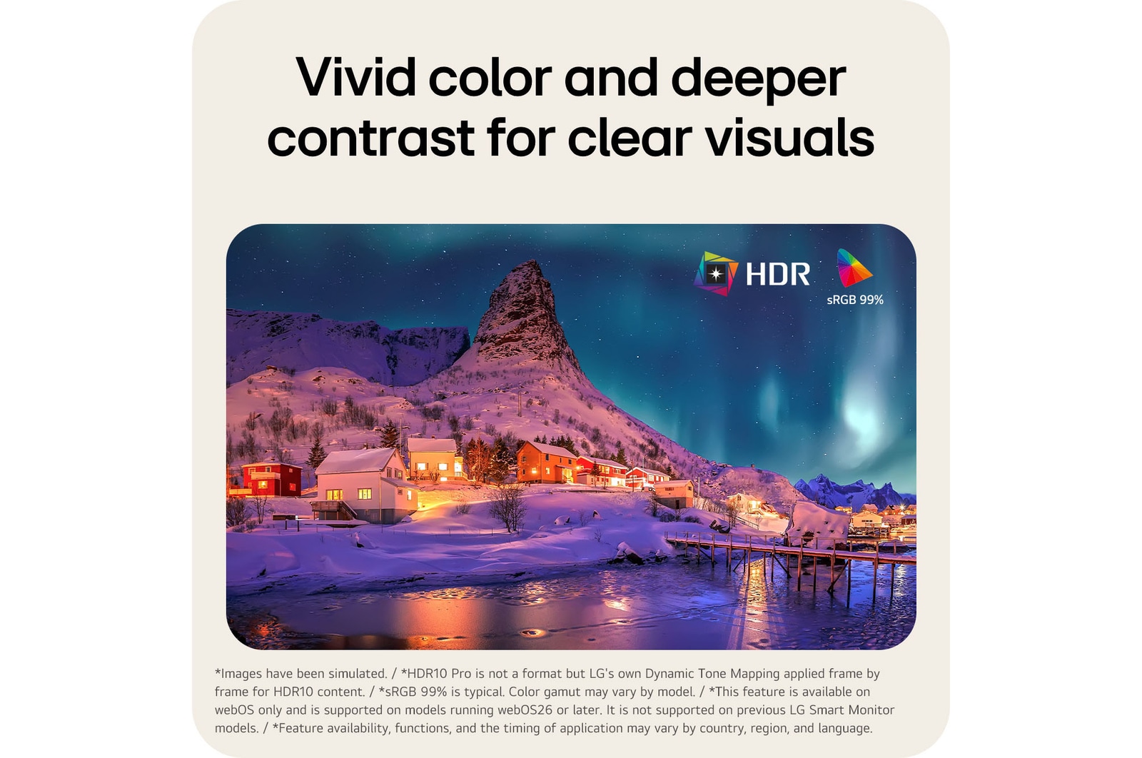 HDR10 Pro with sRGB 99% on LG Smart Monitor enhancing color accuracy and contrast for clear visuals.