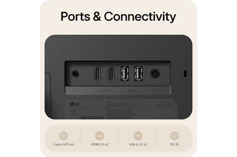 Rear ports of LG Smart Monitor showing HDMI 2.0, USB-A 2.0, headphone out, and DC-IN connectivity options.