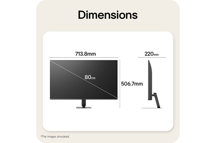 LG Smart Monitor dimensions illustrating overall product size and stand measurements.