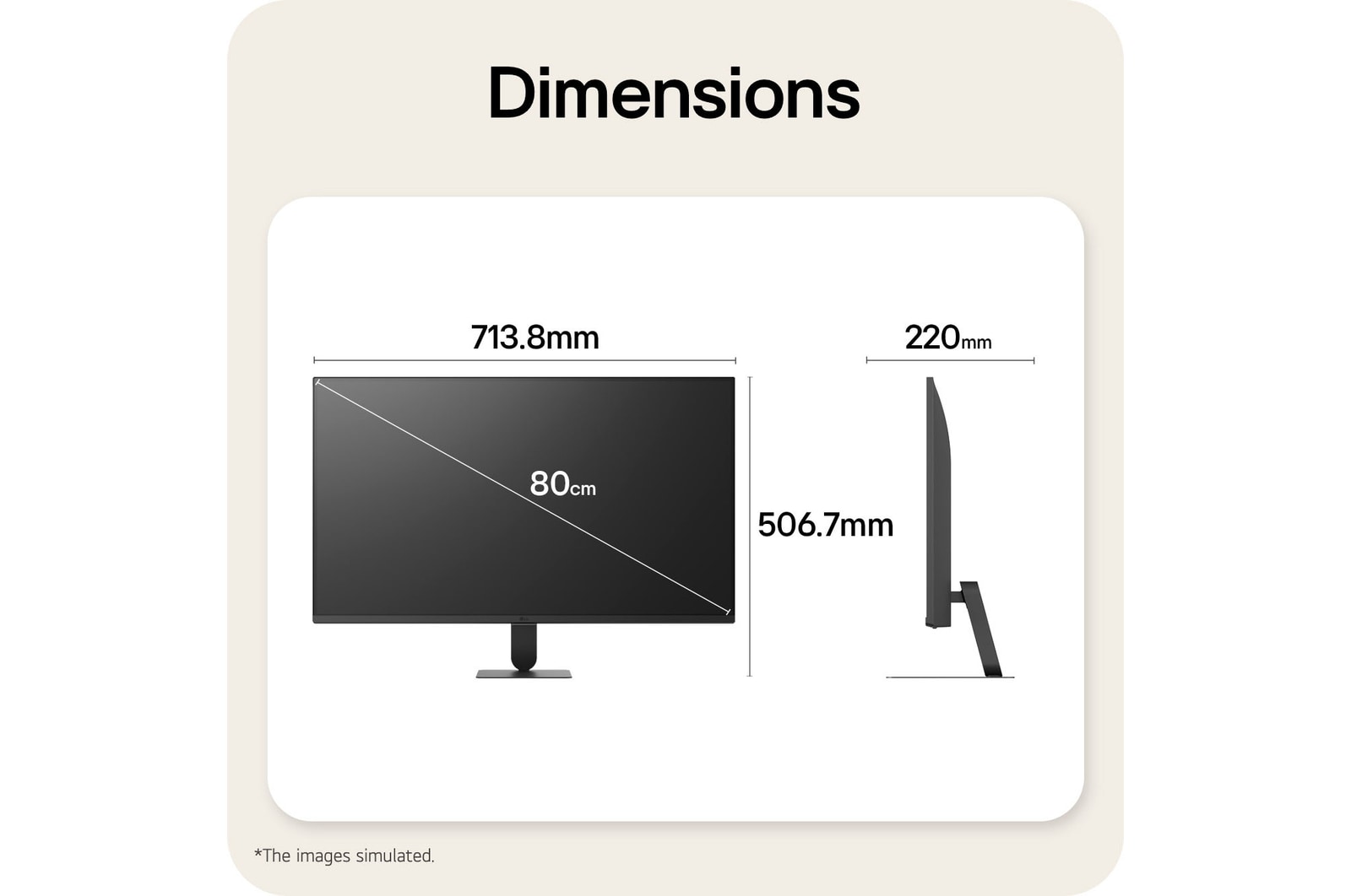 LG Smart Monitor dimensions illustrating overall product size and stand measurements.