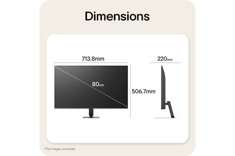 LG Smart Monitor dimensions illustrating overall product size and stand measurements.