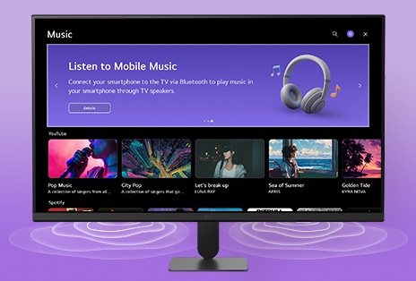 The LG Smart Monitor screen displays the music apps interface.