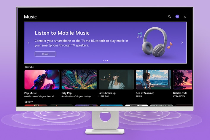 The LG Smart Monitor screen displays the music apps interface.