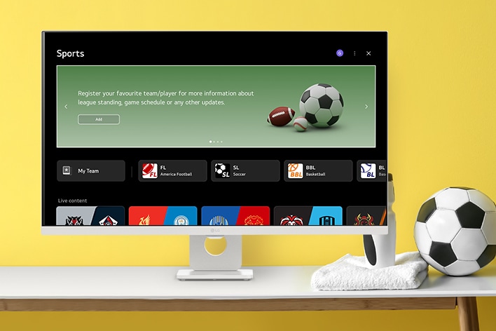 The LG Smart Monitor screen is showing various LG sports screen.