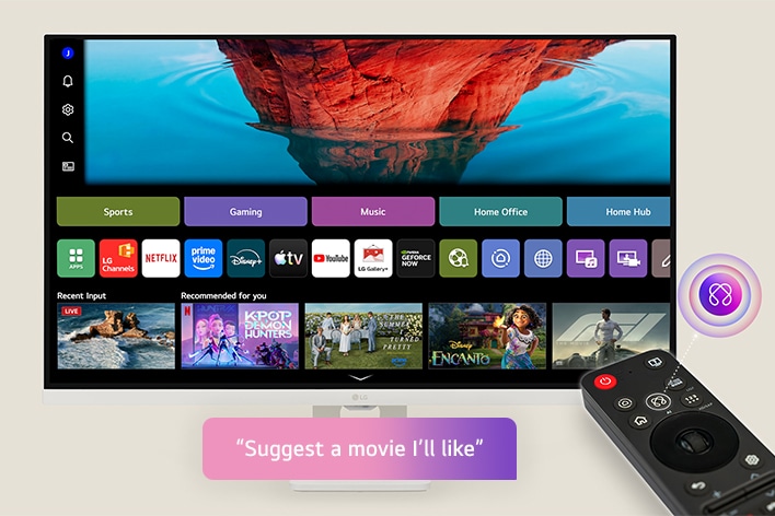 LG Smart Monitor with Magic Remote displaying webOS home screen, highlighting AI Voice ID recognition, personalized voice based recommendations, and smart user specific experience