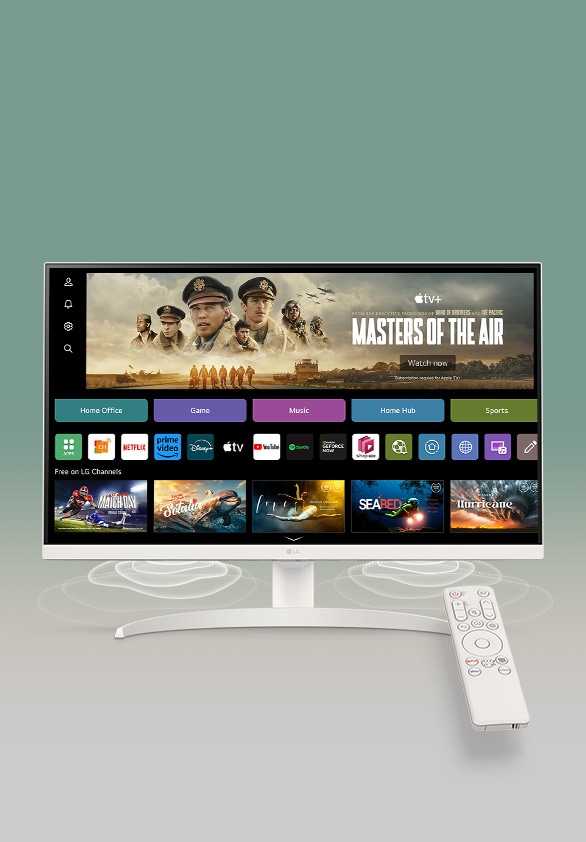 On the smart monitor screen, the webOS interface is displayed. Speaker waves emanate from the bottom corners of the monitor, and on the right side of the screen, there is a remote control.