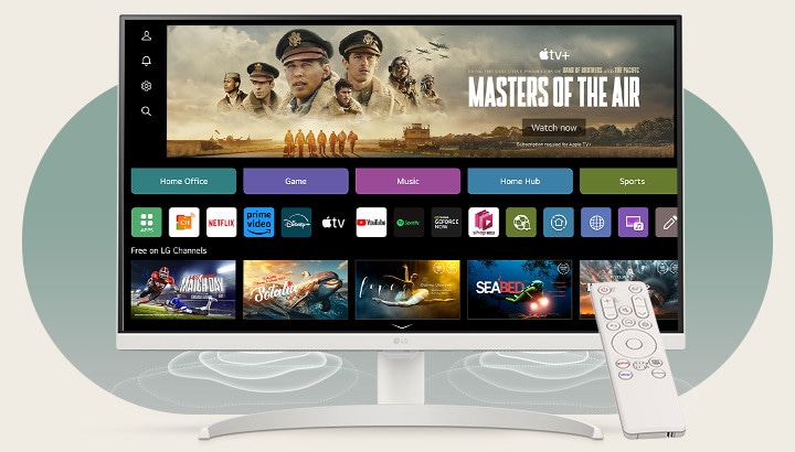On the smart monitor screen, the webOS interface is displayed. Speaker waves emanate from the bottom corners of the monitor, and on the right side of the screen, there is a remote control.