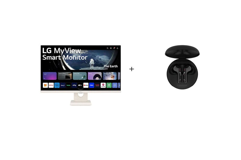 Front view of LG MyView 27 (68.58 cm) Full HD IPS Smart Monitor with webOS + Special Printed Edition | LG Tone Free Wireless Earbuds with Noise Isolation, UVnano 99.9% Bacteria-Free, Prestigious British Meridian Sound, Dual Microphones in Each Earbud and IPX4 Water Resistance (FN5U, Black) 27SR50F.FN5U