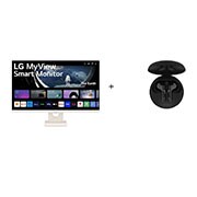 Front view of LG MyView 27 (68.58 cm) Full HD IPS Smart Monitor with webOS + Special Printed Edition | LG Tone Free Wireless Earbuds with Noise Isolation, UVnano 99.9% Bacteria-Free, Prestigious British Meridian Sound, Dual Microphones in Each Earbud and IPX4 Water Resistance (FN5U, Black) 27SR50F.FN5U