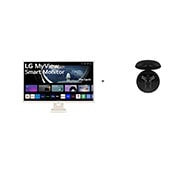 Front view of LG MyView 32 (81.28 cm) Full HD IPS Smart Monitor with webOS + Special Printed Edition | LG Tone Free Wireless Earbuds with Noise Isolation, UVnano 99.9% Bacteria-Free, Prestigious British Meridian Sound, Dual Microphones in Each Earbud and IPX4 Water Resistance (FN5U, Black) 32SR50F.FN5U