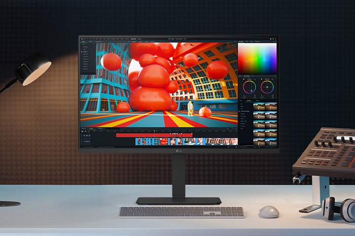Front view of a black LG monitor on a desk, displaying a colorful 3D editing interface, with a lamp, keyboard, audio mixer, and headphones nearby.	