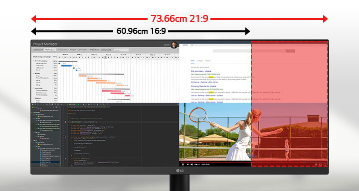 Ultra-wide 29-inch LG monitor illustrating the difference between 21:9 and 16:9 aspect ratios, with multiple applications displayed side by side for multitasking.