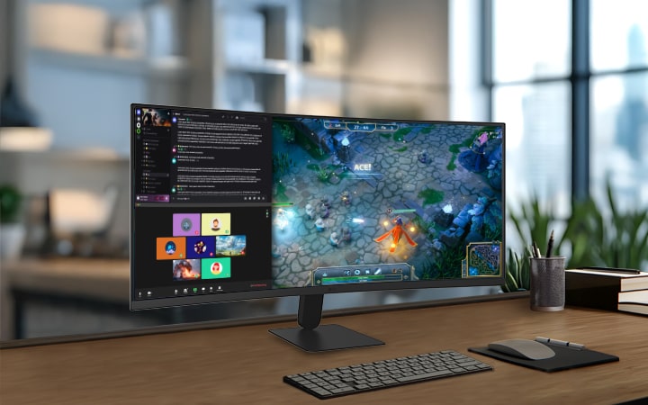 LG UltraWide Curved Monitor on a modern desk, displaying immersive first-person gaming on a wide curved screen alongside a multitasking interface, delivering expansive visuals, smooth gameplay, and enhanced productivity in a home office workspace setup.