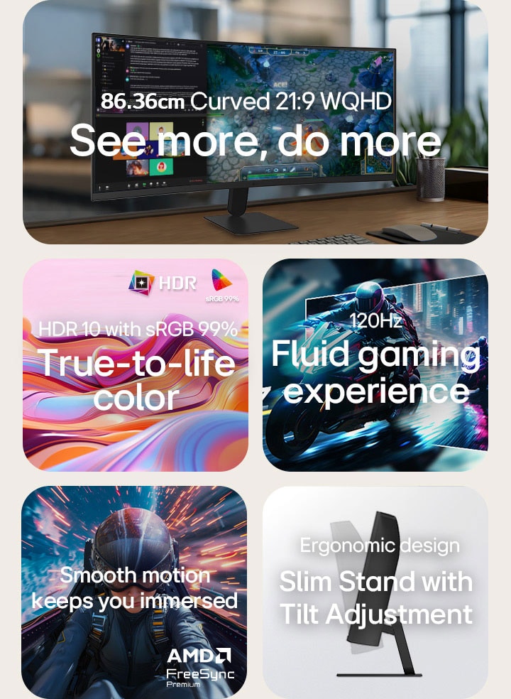 LG UltraWide Curved Monitor feature overview showing a 34-inch WQHD curved display, HDR10 with sRGB 99% color accuracy, smooth 120Hz refresh rate, AMD FreeSync support, and a slender stand with tilt adjustment for immersive gaming and efficient multitasking.