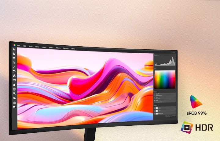 LG UltraWide Curved Monitor displaying vivid creative content on a wide curved screen with HDR10 support and sRGB 99% color coverage, delivering rich color accuracy, enhanced contrast, and precise visual detail for creative work and immersive viewing.