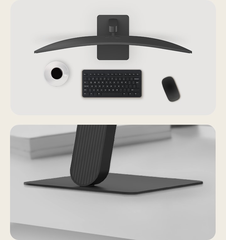 Top view of a LG UltraWide Curved Monitor on a desk with a coffee cup, wireless keyboard, and mouse, alongside a close-up of the slim, square-shaped monitor base designed for stability and a clutter-free workspace.