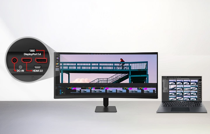 LG UltraWide Curved Monitor featuring multiple input connectivity options including DisplayPort and HDMI, connected to a laptop for expanded editing and multitasking on a wide screen, supporting flexible device setup and efficient professional workflows.