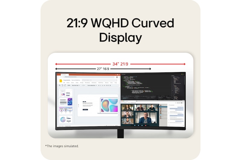 LG 34-inch 21:9 WQHD Curved display compared with 27-inch 16:9 screen, illustrating expanded horizontal workspace.