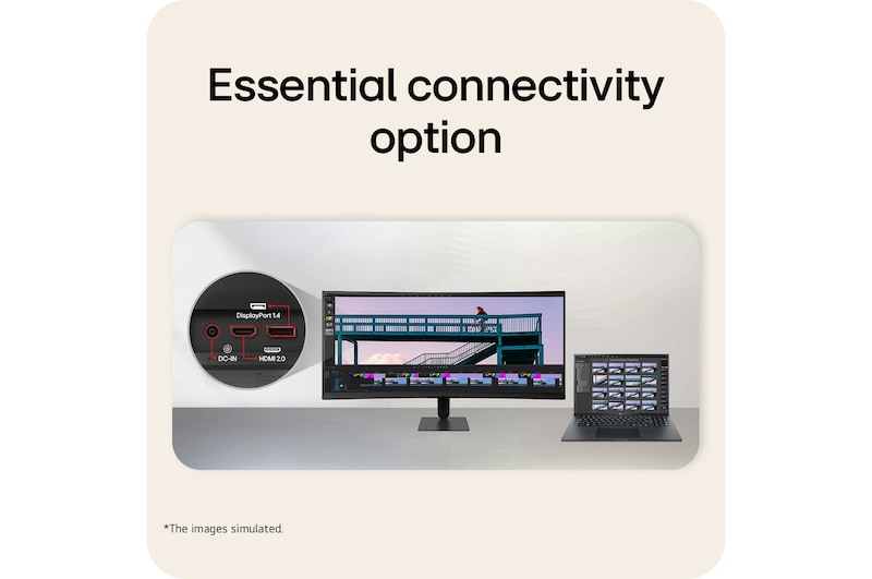LG UltraWide Curved monitor connected to laptop with DisplayPort and HDMI ports highlighted.