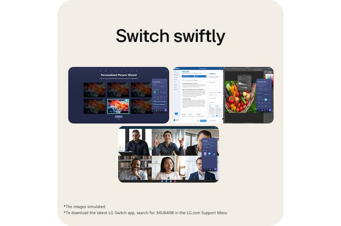 LG UltraWide Curved monitor showing LG Switch app interface for screen layout control and picture mode adjustment.