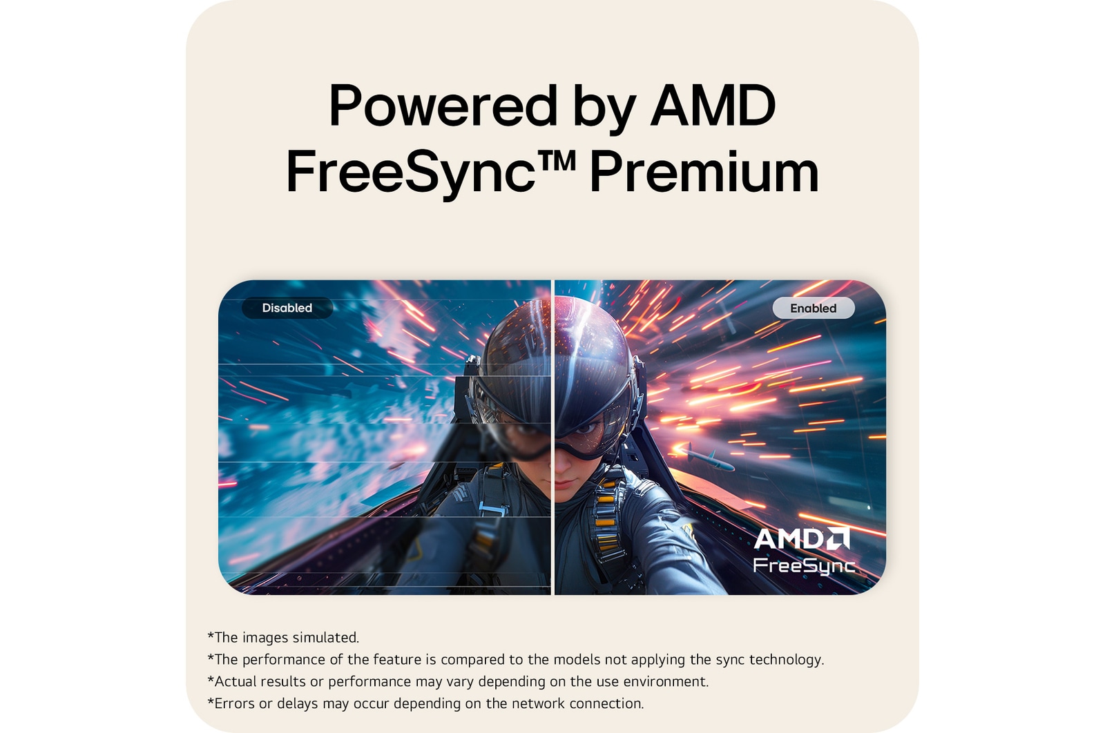 LG UltraWide Curved Monitor illustrating AMD FreeSync Premium technology with a side-by-side comparison of disabled and enabled modes.