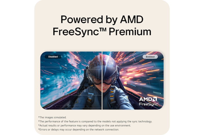 LG UltraWide Curved Monitor illustrating AMD FreeSync Premium technology with a side-by-side comparison of disabled and enabled modes.
