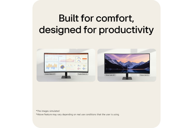 LG UltraWide Curved monitor demonstrating Reader Mode and Flicker Safe features for reduced eye strain.