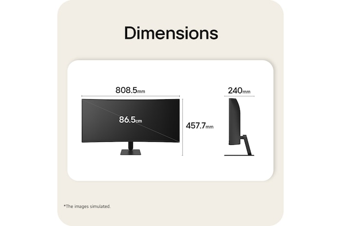 LG UltraWide Curved monitor front and side view with product dimensions displayed in millimeters.