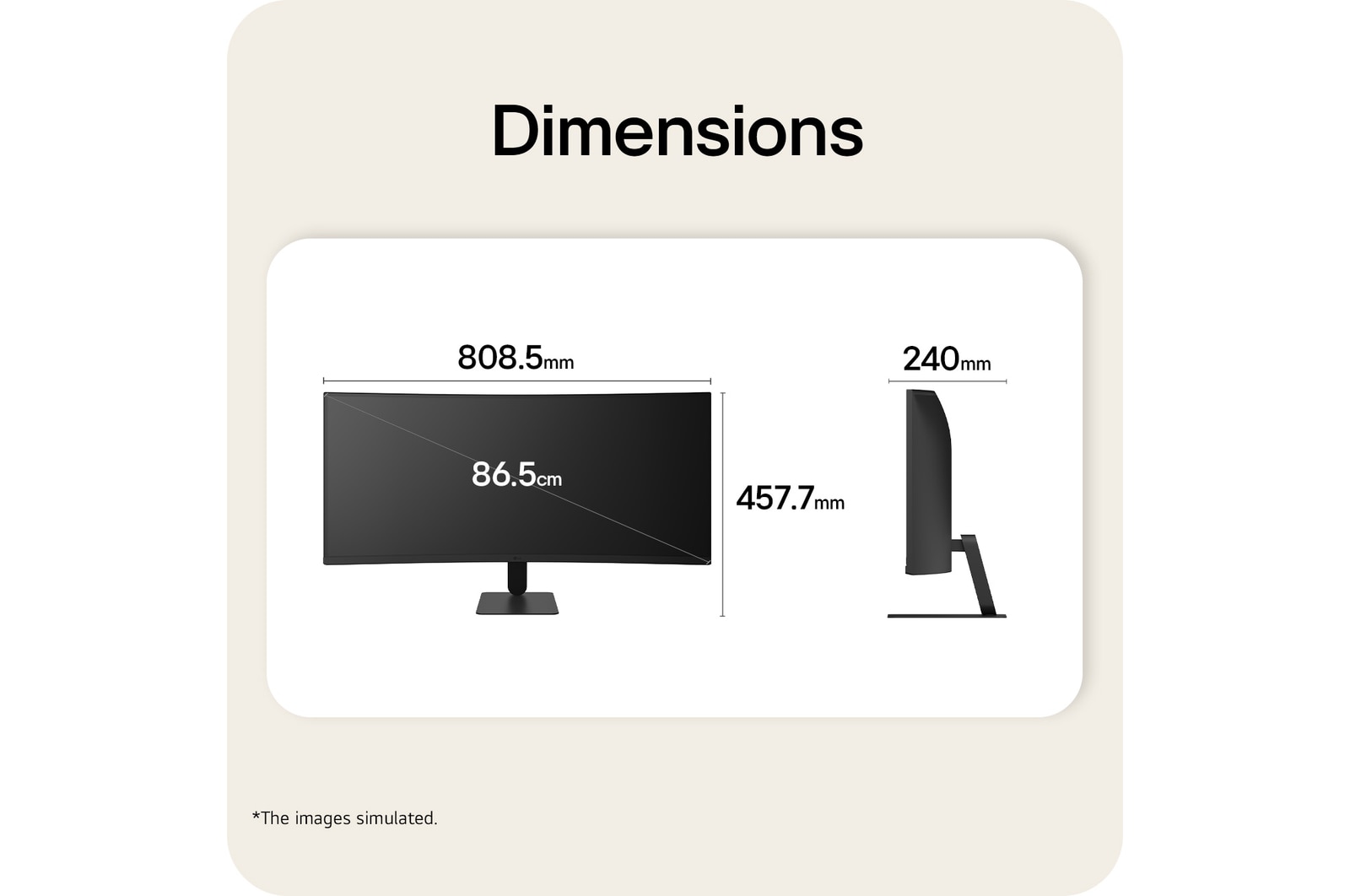 LG UltraWide Curved monitor front and side view with product dimensions displayed in millimeters.