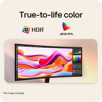 LG UltraWide Curved monitor displaying vibrant image with HDR support and sRGB 99% color coverage.