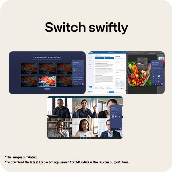 LG UltraWide Curved monitor showing LG Switch app interface for screen layout control and picture mode adjustment.