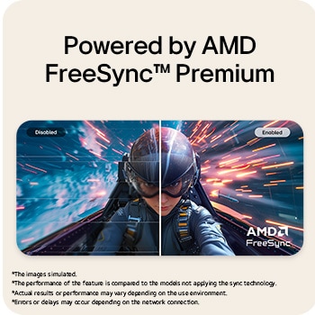 LG UltraWide Curved Monitor illustrating AMD FreeSync Premium technology with a side-by-side comparison of disabled and enabled modes.
