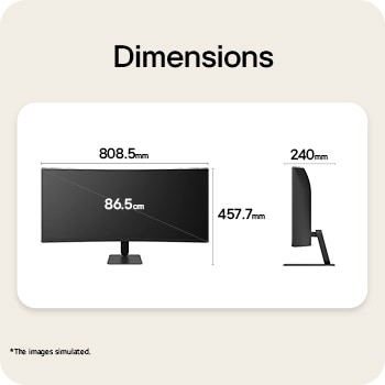 LG UltraWide Curved monitor front and side view with product dimensions displayed in millimeters.