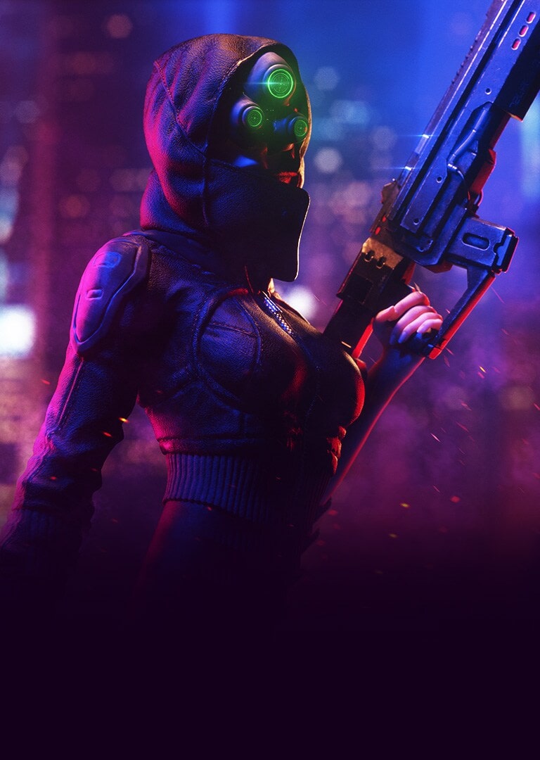 A person in futuristic gear holding a large gun against a bright background.