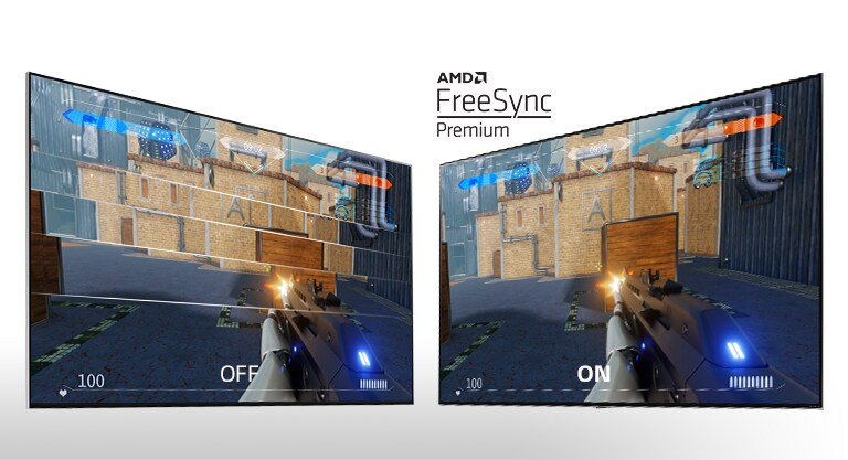 Two TV screens side by side showing a shooting game. The left shows FreeSync off and the right FreeSync on.