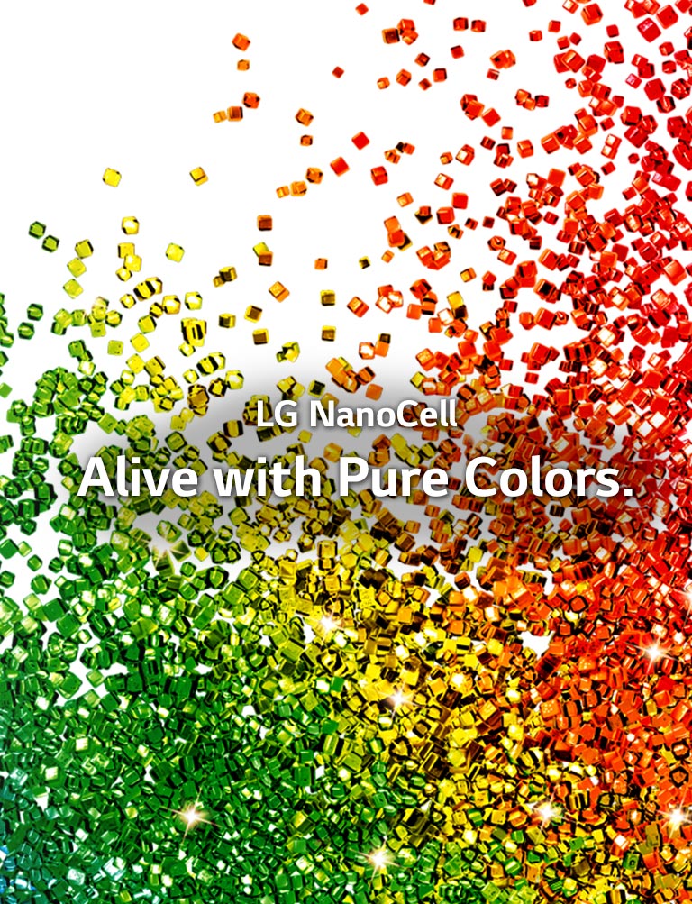 A screen filled with particles of vibrant colors splashing up in front of a white background