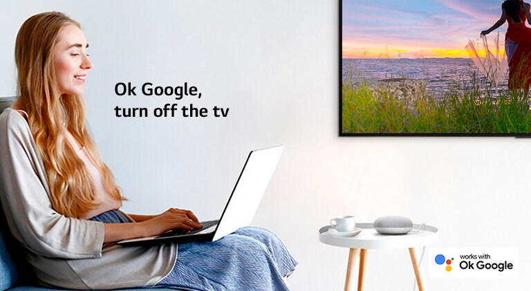 A woman sitting on a couch with a laptop in a room with a TV on a wall commands an AI speaker to turn off the TV.