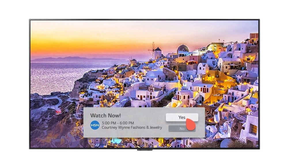 A TV screen displaying a shopping program notice not to miss to shop.