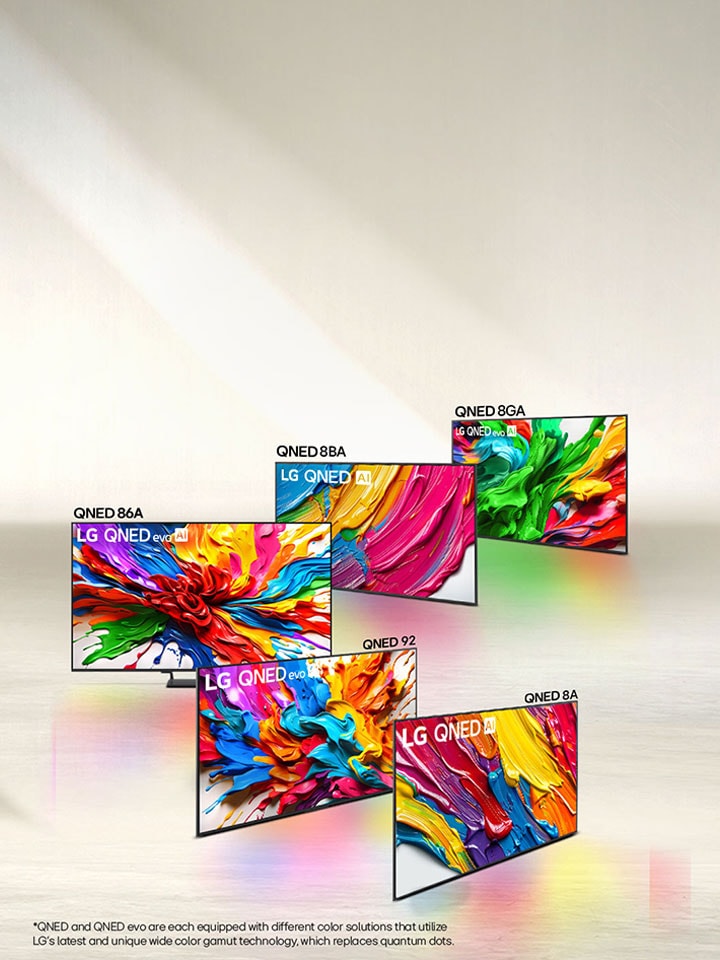 Lineup of four LG QNED evo AI TVs in formation, QNED80, QNED82, QNED85, QNED92 TVs. 	