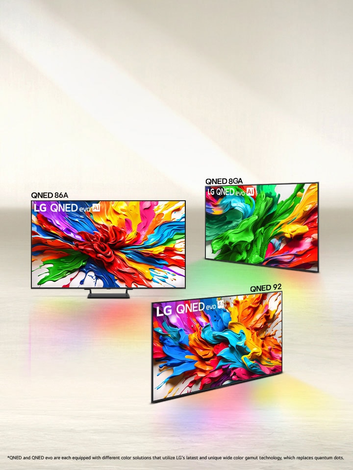 Lineup of four LG QNED evo AI TVs in formation, QNED80, QNED82, QNED85, QNED92 TVs. 	
