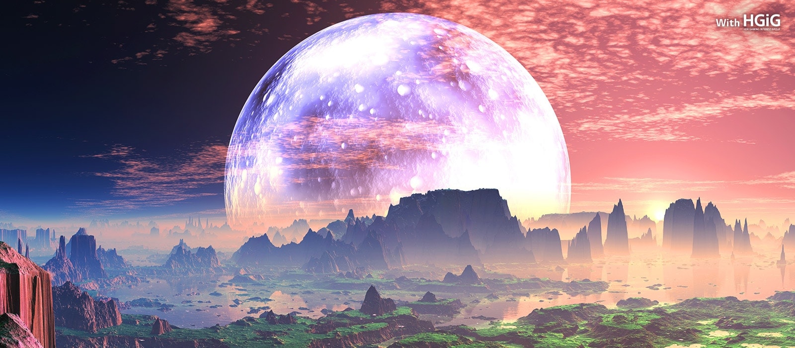 A scene of a dawn on Idyllic Earth-like Planet is divided into two part – on left is a more dull and less bright and the text says without HGiG on left top corner. On right is a brighter scene and the text says with HGiG on right top corner.