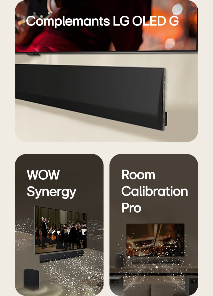 An angled perspective of the bottom of an LG TV and LG Soundbar, mounts against the wall.   LG Soundbar and LG TV in a living room playing an orchestra performance. White waves of droplets representing soundwaves shoot forward from the soundbar and project from the TV, as subwoofer is creating a sound effect from the bottom.  LG Soundbar, LG TV, rear speakers and a subwoofer are in a living room. A grid overlay appears over the room, like a scan of the space. White soundwaves made of droplets are coming out from the frontal perspective of the rear speakers.