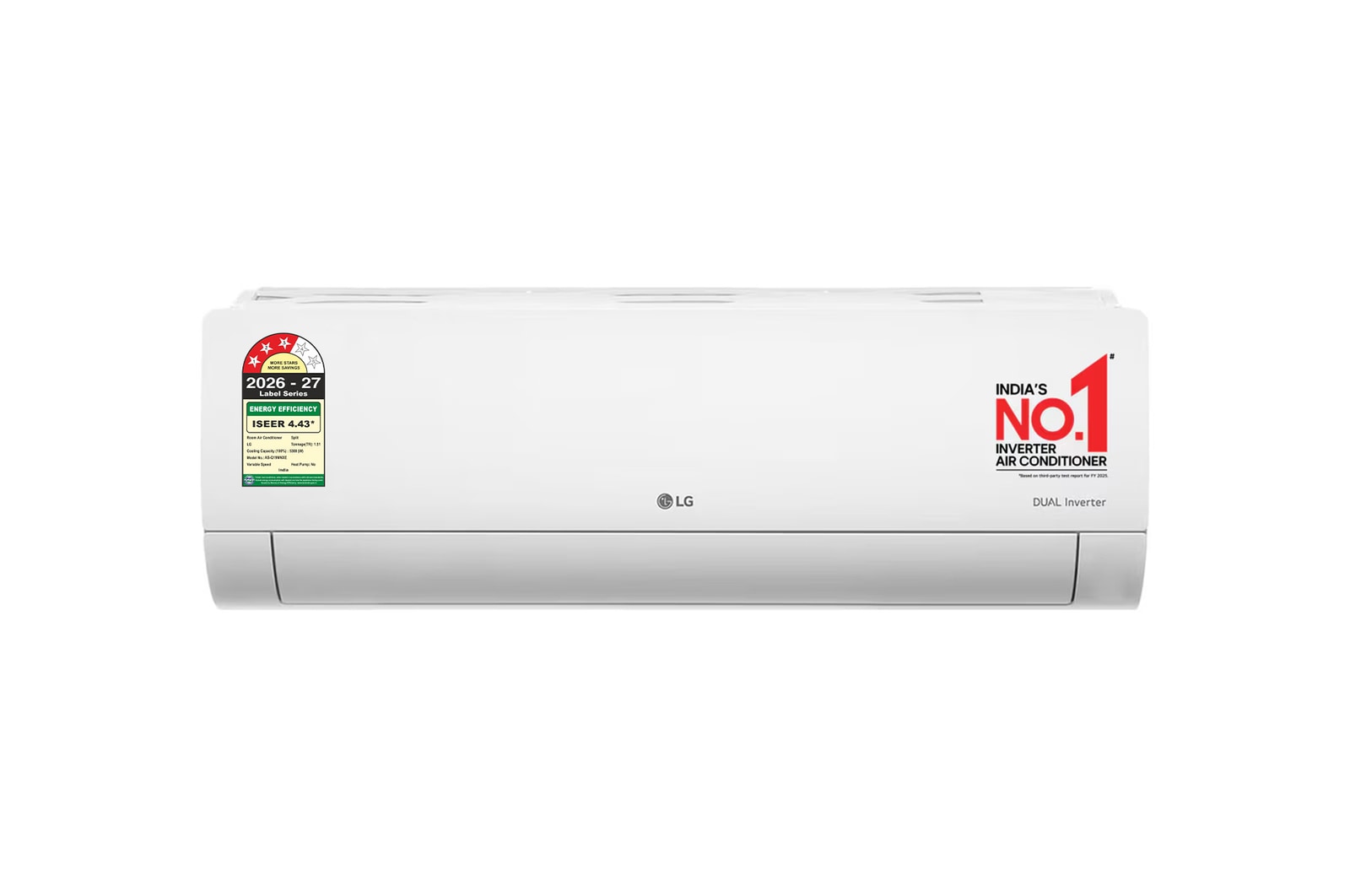Front view of LG 3 Star (~1.5) Split AC, AI Dual Inverter, Diet Mode+, Viraat Mode, 100% Copper Tubes, 5.3 kW, 2026 Model AS-Q19MNXE
