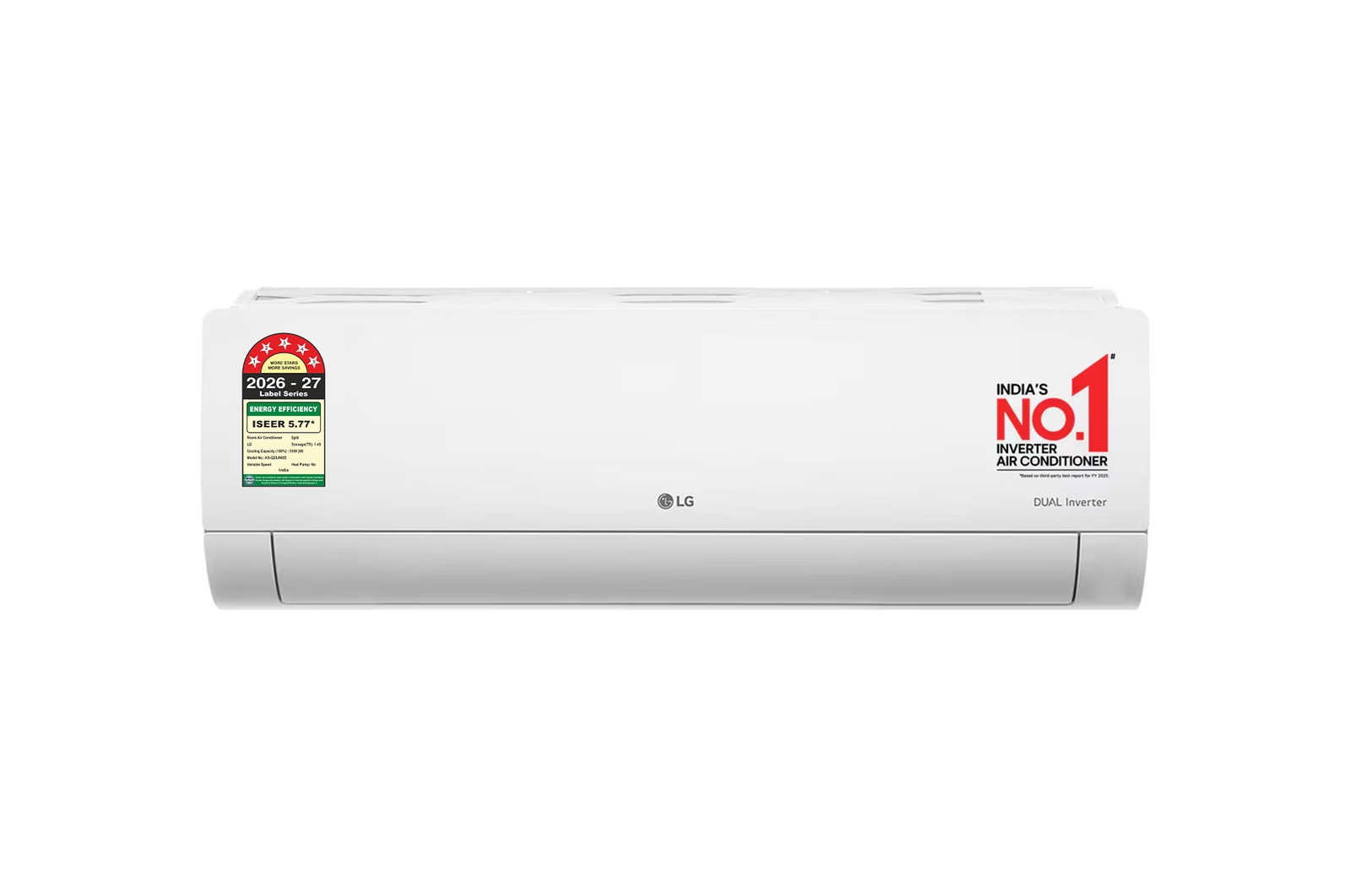 Front view of LG 5 Star (~1.5) Split AC, AI Convertible 6-in-1, Diet Mode+, HimClean, Energy Manager+, ThinQ(WI-FI), 5.1 kW, 2026 Model AS-Q20JWZE